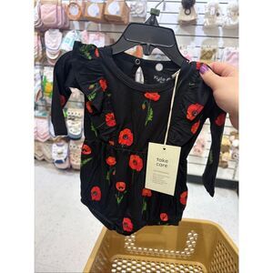 Kyte Baby Girls Black Red Poppy Floral Bamboo Bubble Romper 3-6 Months NWT